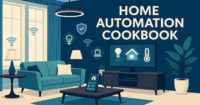 Illustration of a connected living room with automated lighting, climate, and entertainment