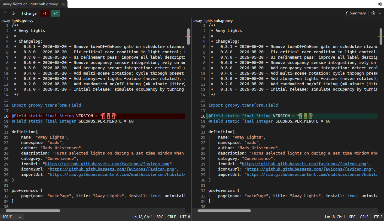 Visual Studio diff view comparing a local away-lights.groovy file with the hub version, with one changed VERSION line highlighted