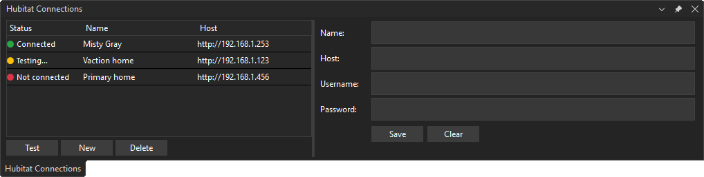 Hubitat Connections tool window listing three hubs as Connected, Testing, and Not connected, with a form for name, host, username, and password